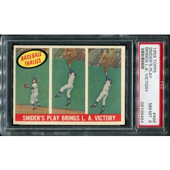 1959 Topps Baseball #468 Duke Snider's Play Brings L.A. Victory PSA 8 (NM-MT) *8484