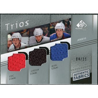 2008/09 Upper Deck SP Game Used Authentic Fabrics Trios #SSS Eric Staal Jordan Staal Marc Staal /25
