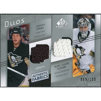 2008/09 Upper Deck SP Game Used Authentic Fabrics Duos #JM Jordan Staal Marc-Andre Fleury /100