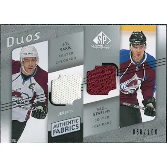 2008/09 Upper Deck SP Game Used Authentic Fabrics Duos #JP Joe Sakic Paul Stastny /100