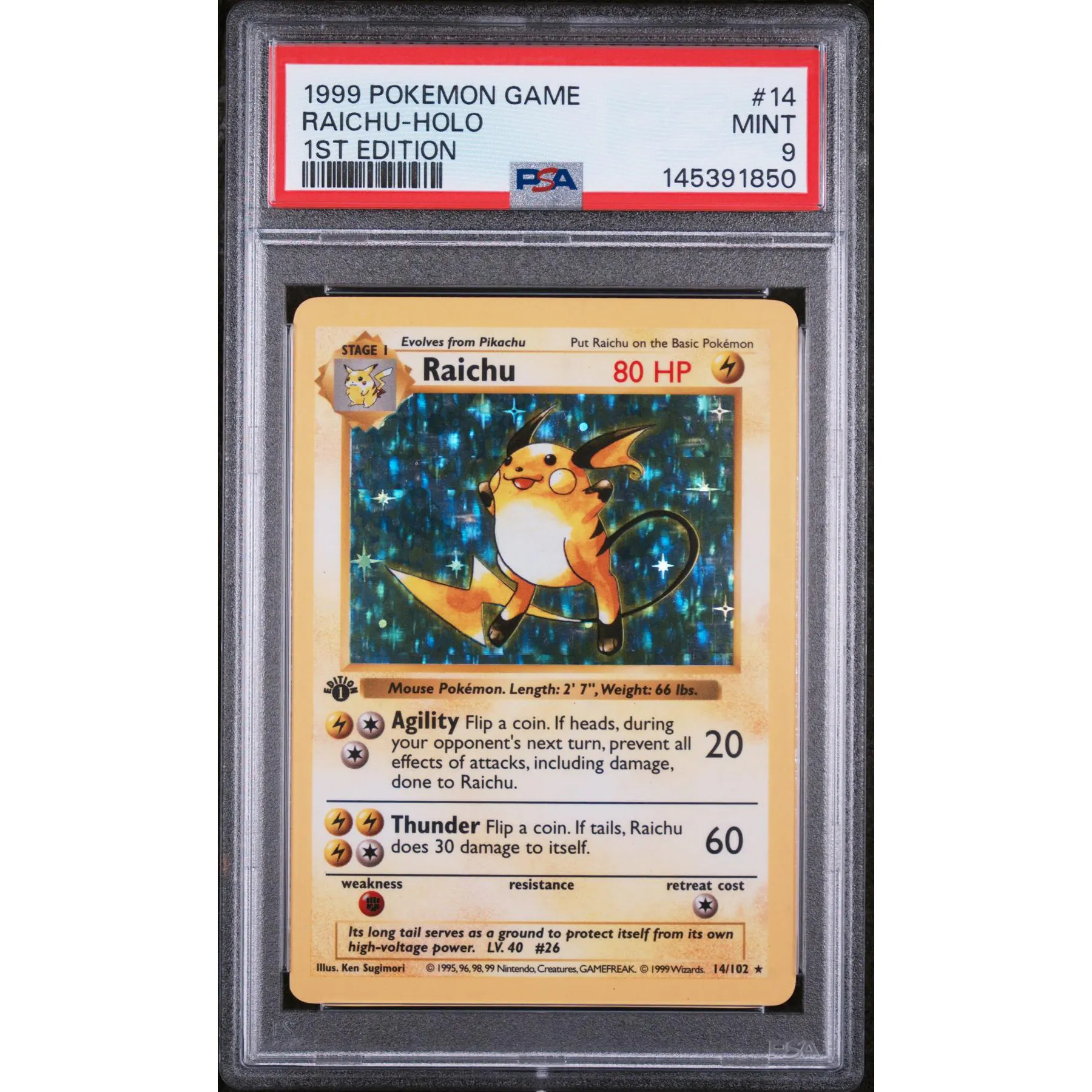 1999 Pokemon Base Set Shadowless Raichu Holo 1st Edition 14/102 PSA 9 | DA Card World 1999 Pokemon Base Set Shadowless Raichu Holo 1st Edition 14/102 PSA 9 | DA Card World