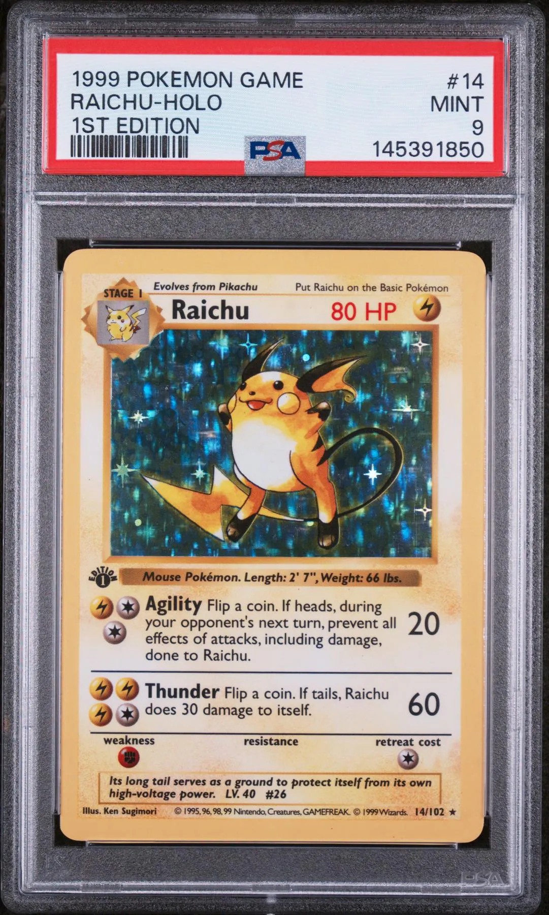 1999 Pokemon Base Set Shadowless Raichu Holo 1st Edition 14/102 PSA 9 1999 Pokemon Base Set Shadowless Raichu Holo 1st Edition 14/102 PSA 9