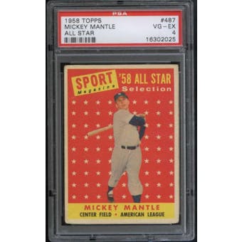 1958 Topps Baseball #487 Mickey Mantle All Star PSA 4 (VG-EX) *2025