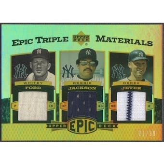2006 Upper Deck Epic #FJJ Whitey Ford, Reggie Jackson, & Derek Jeter Triple Materials Jersey #21/99
