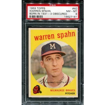 1959 Topps Baseball #40 Warren Spahn (1931 - 3 Obscured) PSA 8 (NM-MT) *7181