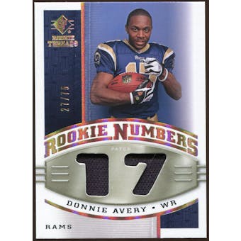 2008 Upper Deck SP Rookie Threads Rookie Numbers Holofoil Patch #RNDA Donnie Avery /75