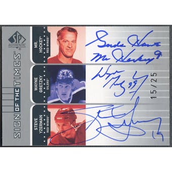 2001/02 SP Authentic #HGY Gordie Howe Wayne Gretzky Steve Yzerman Sign of the Times Auto #15/25