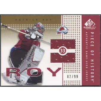 2002/03 SP Game Used #PHRY Patrick Roy Piece of History Gold Jersey #02/99