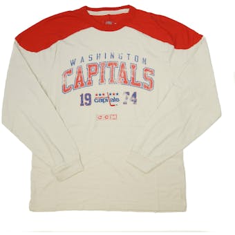 Washington Capitals CCM Reebok Beige Applique Long Sleeve Tee Shirt (Adult M)