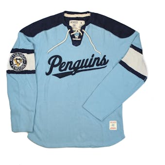 Pittsburgh Penguins CCM Reebok Light Blue Lace Up Long Sleeve Fleece Crew (Adult M)