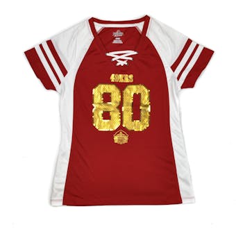 San Francisco 49ers Jerry Rice Majestic Red HOF Draft Him VII V-Neck Tee Shirt (Womens S)