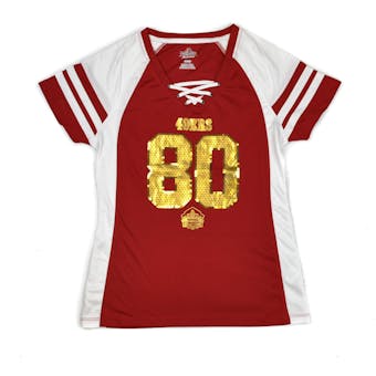 San Francisco 49ers Jerry Rice Majestic Red HOF Draft Him VII V-Neck Tee Shirt (Womens M)