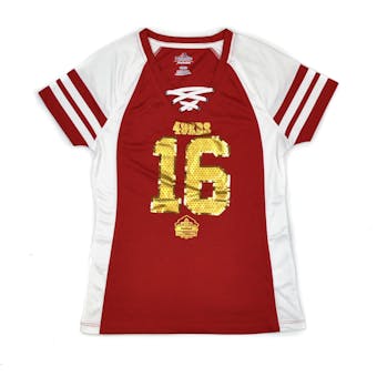 San Francisco 49ers Joe Montana Majestic Red HOF Draft Him VII V-Neck Tee Shirt (Womens XL)