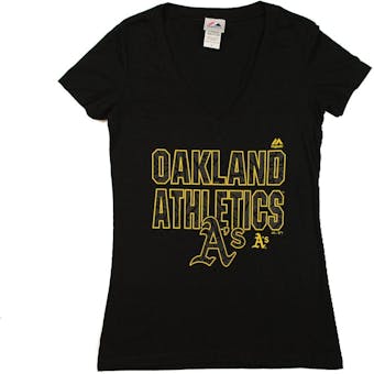 Oakland Athletics Majestic Black The Real Thing V-Neck Tee Shirt (Womens XXL)