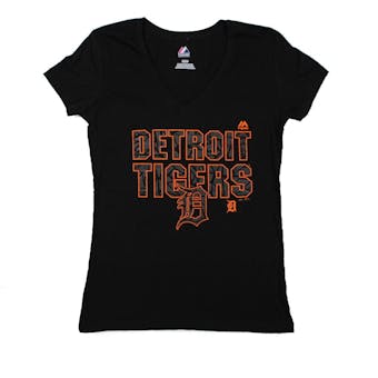 Detroit Tigers Majestic Black The Real Thing V-Neck Tee Shirt (Womens L)