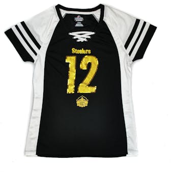 Pittsburgh Steelers Terry Bradshaw Majestic Black HOF Draft Him VII V-Neck Tee Shirt (Womens L)