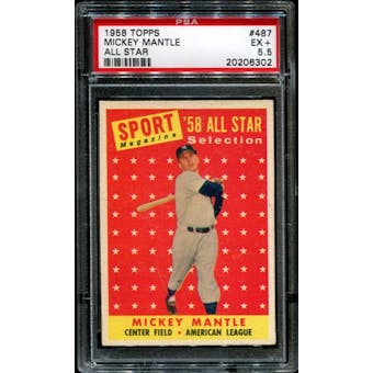 1958 Topps Baseball #487 Mickey Mantle All Star PSA 5.5 (EX+) *6302