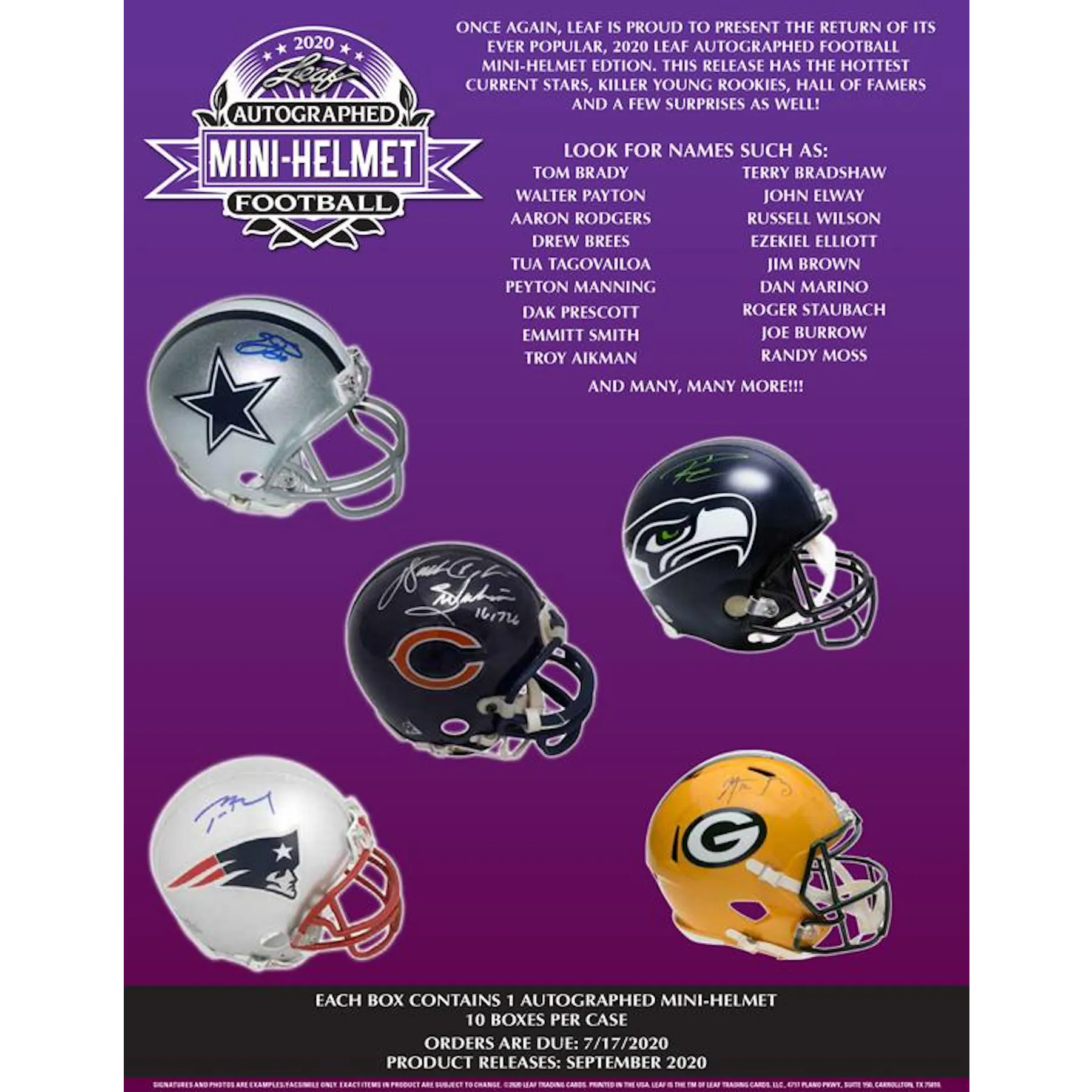 2020 Leaf Autographed Mini Helmet Football Hobby 10 Box Case Presell