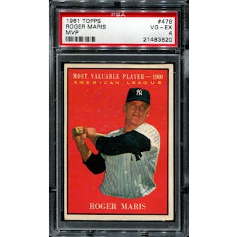 1961 Topps Baseball #478 Roger Maris MVP PSA 4 (VG-EX) *3620