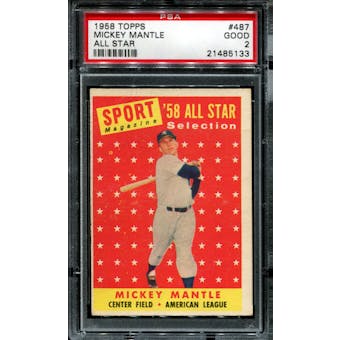 1958 Topps Baseball #487 Mickey Mantle All Star PSA 2 (GOOD) *5133
