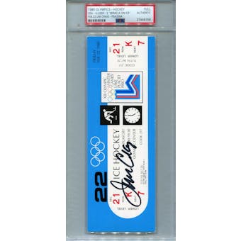 Jim Craig Autographed 1980 U.S. Olympic Hockey "Miracle On Ice" Russia Game Ticket (PSA 27448156)
