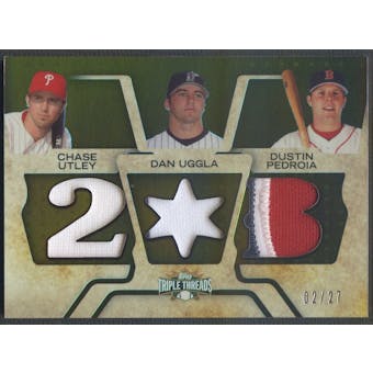 2008 Topps Triple Threads #54 Chase Utley Dan Uggla Dustin Pedroia Relics Combos Sepia Jersey Patch #02/27