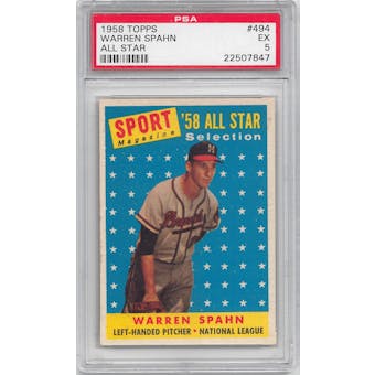 1958 Topps Baseball #494 Warren Spahn All Star PSA 5 (EX) *7847