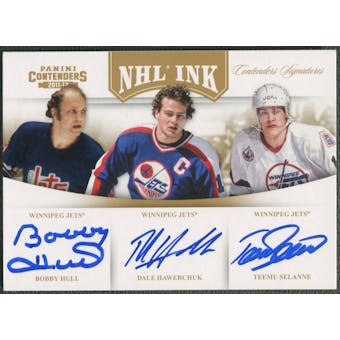 2011/12 Panini Contenders #2 Bobby Hull Dale Hawerchuk Teemu Selanne NHL Ink Triple Gold Auto #09/10