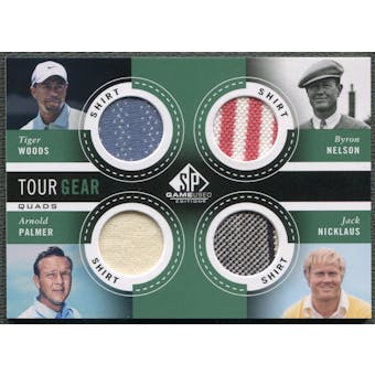 2014 SP Game Used #TG4NWNP Jack Nicklaus Tiger Woods Byron Nelson Arnold Palmer Tour Gear Quad Shirt