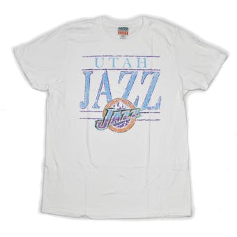 Utah Jazz Junk Food White Distressed Name & Logo Tee Shirt (Adult M)