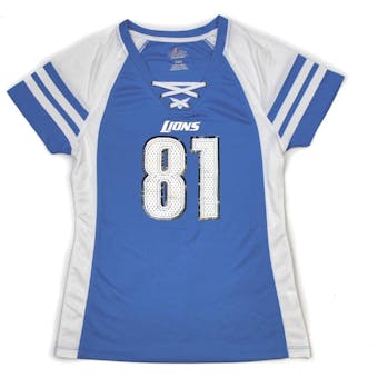 Detroit Lions Calvin Johnson Majestic Blue Draft Him IV Tee Shirt (Womens M)