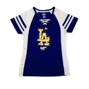 Los Angeles Dodgers Majestic Blue Draft Me V-Neck Lace Up Tee (Womens S)