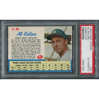 1962 Post Baseball #20 Al Kaline Hand Cut PSA Authentic