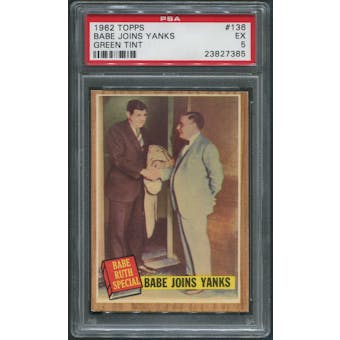 1962 Topps Baseball #136 Babe Ruth Special Babe Joins Yanks Green Tint PSA 5 (EX)
