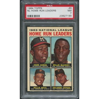 1964 Topps Baseball #9 NL Home Run Leaders Hank Aaron Willie McCovey Willie Mays Orlando Cepeda PSA 7 (NM)