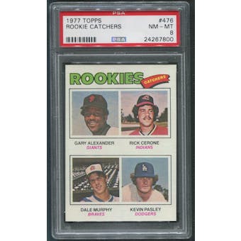 1977 Topps #476 Rookie Catchers Gary Alexander Rick Cerone Dale Murphy Kevin Pasley Rookie PSA 8 (NM-MT)