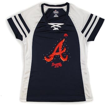 Atlanta Braves Majestic Navy Draft Me V-Neck Lace Up Tee Shirt (Womens S)