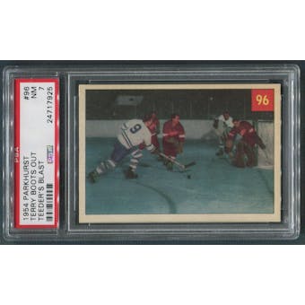 1954/55 Parkhurst Hockey #96 Terry Boots Out Teeder's Blast Terry Sawchuk & Ted Kennedy PSA 7 (NM)