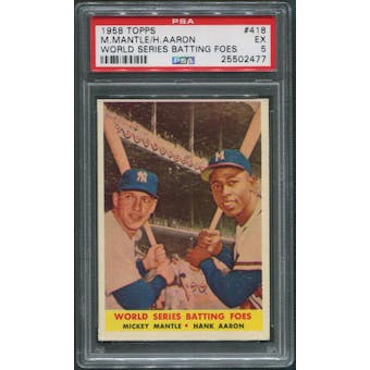 1958 Topps Baseball #418 World Series Batting Foes Mickey Mantle & Hank Aaron PSA 5 (EX)