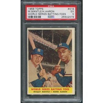 1958 Topps Baseball #418 World Series Batting Foes Mickey Mantle & Hank Aaron PSA 5 (EX)