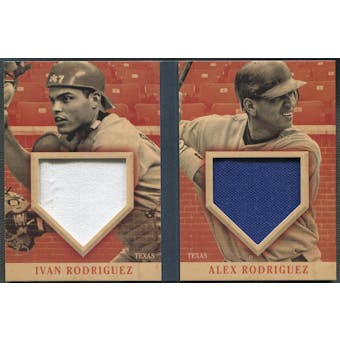 2013 Panini America's Pastime #4 Ivan Rodriguez & Alex Rodriguez Front Row Fabrics Booklet Red Jersey #12/14