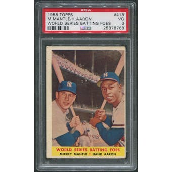 1958 Topps Baseball #418 World Series Batting Foes Mickey Mantle & Hank Aaron PSA 3 (VG)