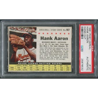 1961 Post Baseball #107 Hank Aaron Hand Cut PSA Authentic