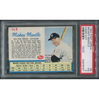 1962 Post Baseball #5 Mickey Mantle Hand Cut PSA 3 (VG)