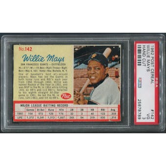 1962 Post Baseball #142 Willie Mays Hand Cut PSA 3 (VG)