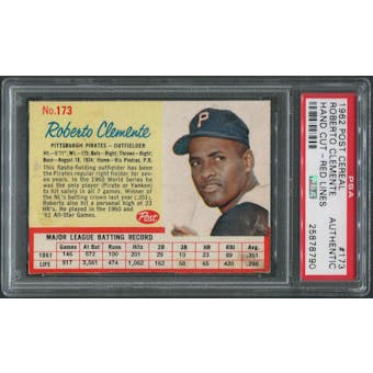 1962 Post Baseball #173 Roberto Clemente Hand Cut Red Lines PSA Authentic