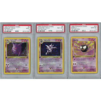 Pokemon Fossil 1st Edition Gastly 53/62, Haunter 6/62, and Gengar 5/62 PSA 8, 9, and 10 GEM MINT