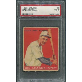 1933 Goudey Baseball #5 Babe Herman Rookie PSA 3 (VG)