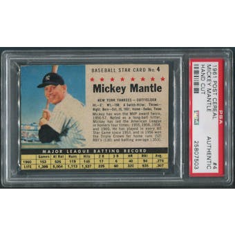 1961 Post Cereal Baseball #4 Mickey Mantle PSA Authentic