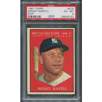 1961 Topps Baseball #475 Mickey Mantle MVP PSA 6 (EX-MT)